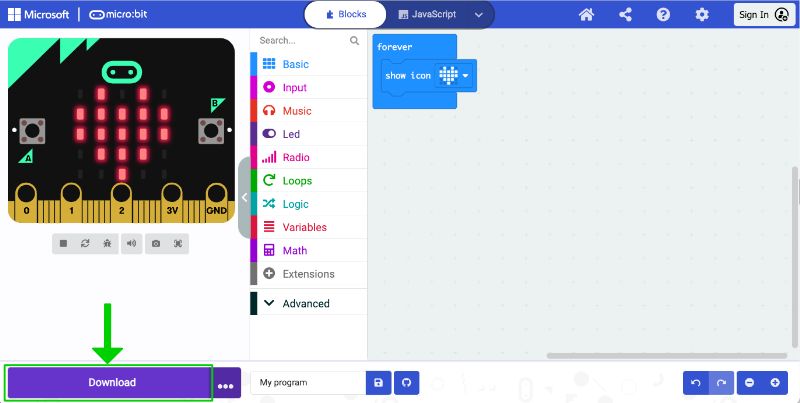 Screenshot highlighting MakeCode download button