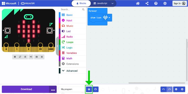 Screenshot highlighting the save button in MakeCode