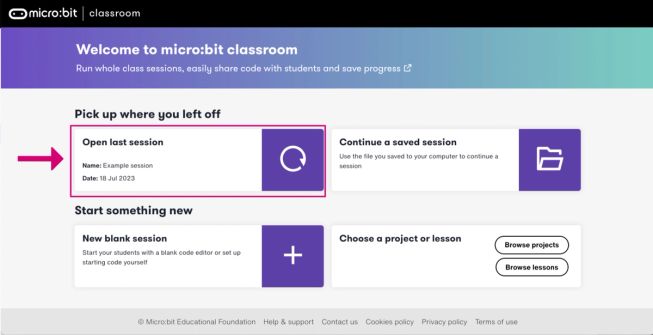 Screenshot of the home page indicating the open last session option