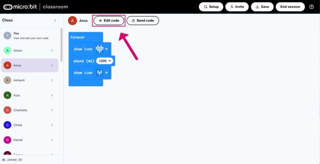 Screenshot highlighting the link to edit a student's code