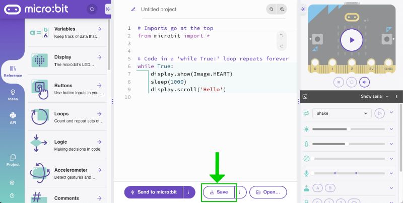 Screenshot highlighting save button in the Python Editor