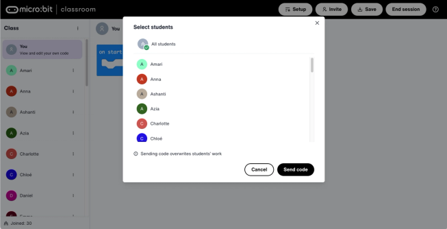 Screenshot showing the 'Send code' dialog box