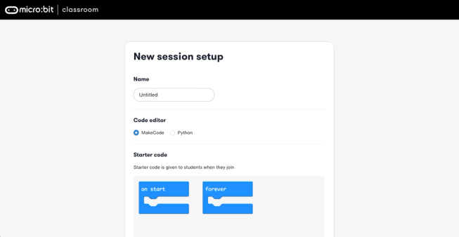 Screenshot of the new session setup screen