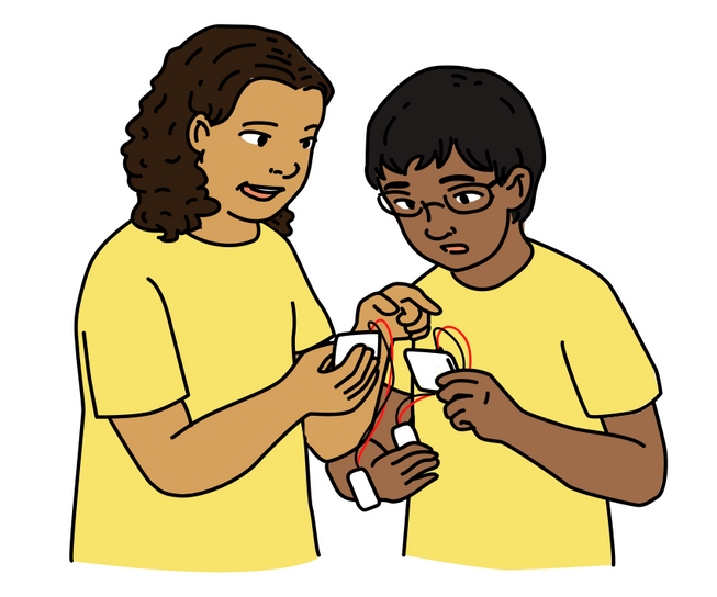 Two students sharing their micro:bits 