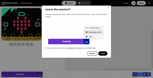 Screenshot showing message students see when they leave a session.