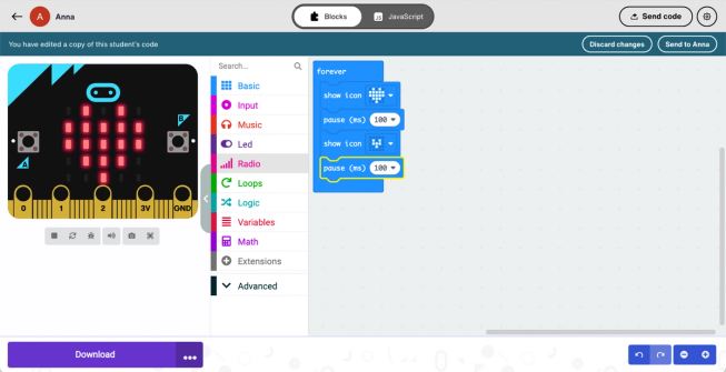 Screenshot showing the teacher editing a student's code